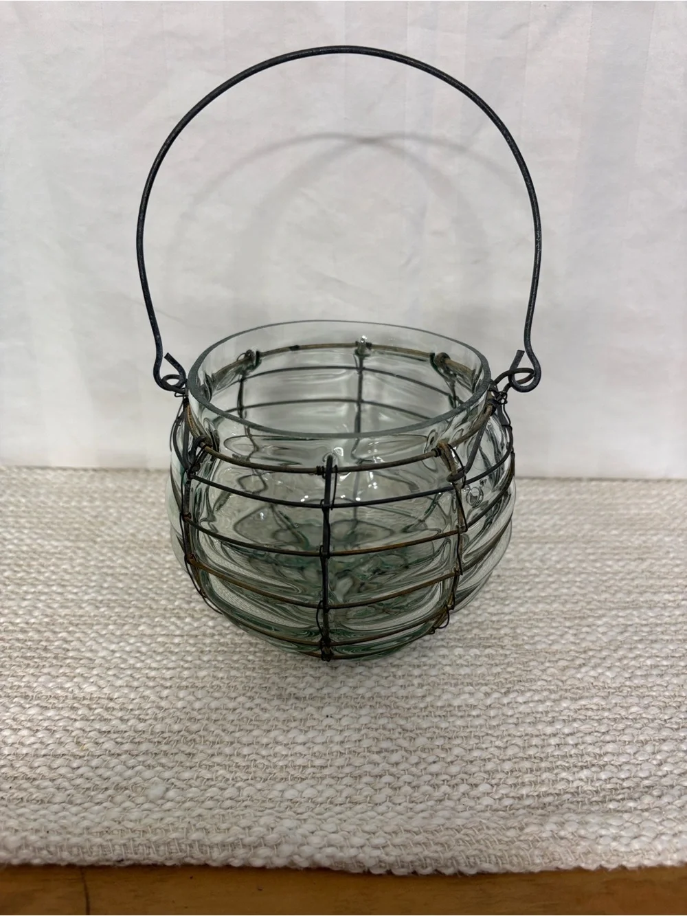 Vintage Glass Lantern Vase with Wire Cage Handle - Clear Glass